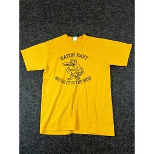 VTG 70s Gator Navy USS Charleston LKA-113 T Shirt Mens Small Yellow Military USA